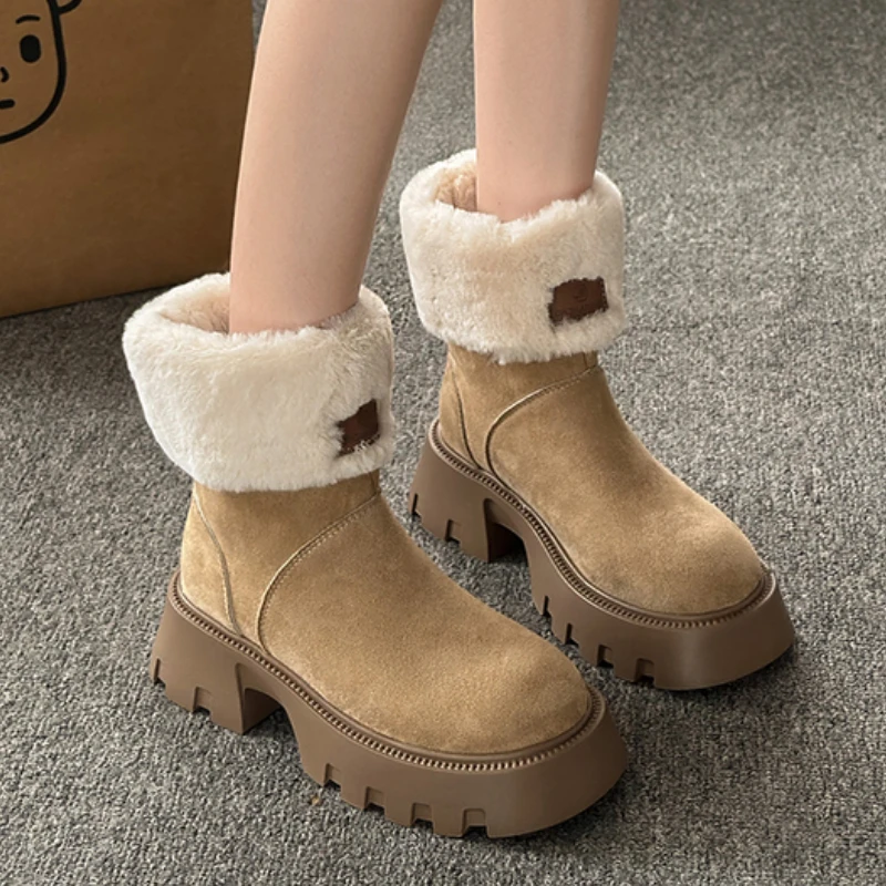

Ladies Shoes 2023 Fashion Sleeve Women's Boots Winter Round Toe Plush Fleece for Warmth Short Barrel Chunky Heel Snow Boots
