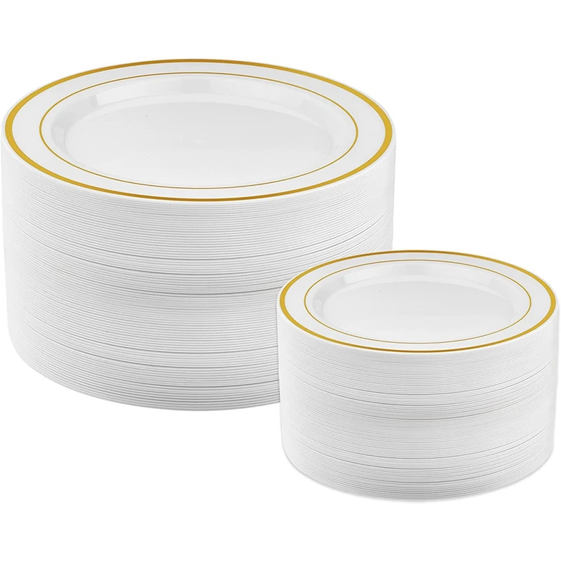 

Золотые пластиковые тарелки-25 обеденных тарелок и 25 тарелок для салата пластиковые тарелки для вечеринки одноразовые тарелки для вечерние