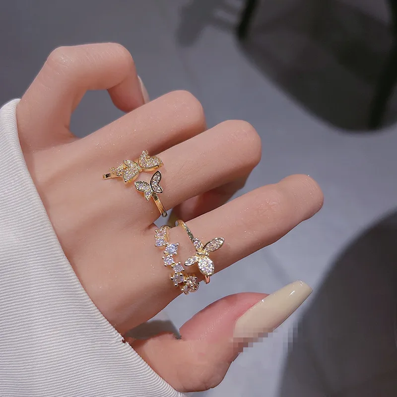 New Fashion Trend Unique Design Super Flash Light Luxury Butterfly Double Layer Ring Women's Senior Jewelry Birthday Party Gift