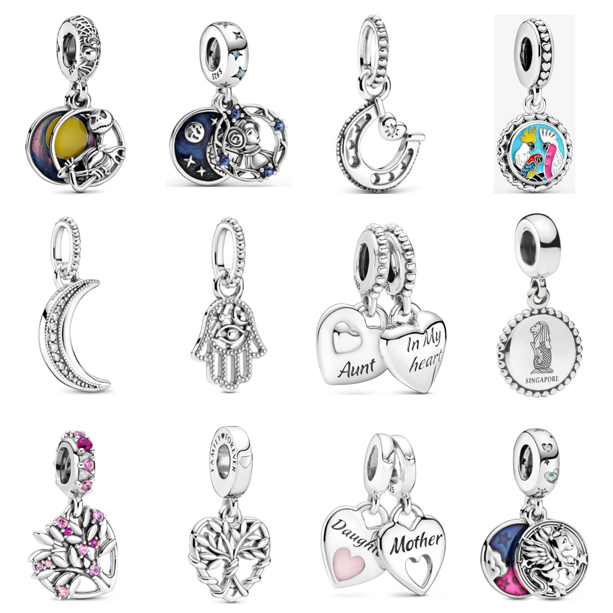 

Pan 925 Sterling Silver Shiny Safety Chain Charm Bead Bracelet Parrot Love Tree Scarecrow Moon Lion Palm Pendant DIY