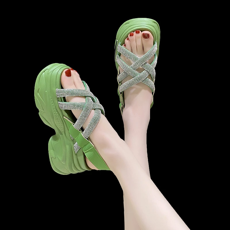 Bling Crystal High Platform Sandals Women Chunky Cross Strap Gladiator Shoes Woman Summer Beach Slippers Thick Bottom Sandalias