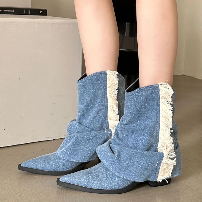 

Designer Tassels Cowgirl Boots Women Pleated Denim Pointed Toe Ankle Boots Woman 2023 Autumn Slip-On Square Heels Cowboy Booties