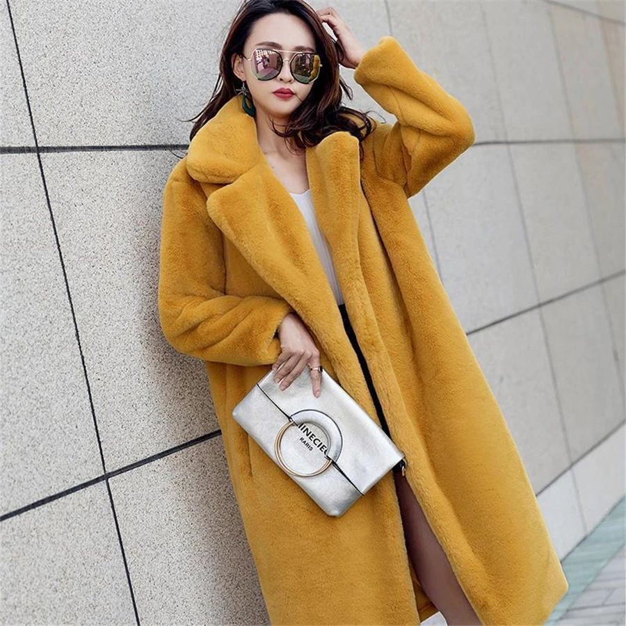 Mid-length Winter Faux Mink Fur Coat Women Loose Plush Warm Thicken Casual Korean Overcoat Streetwear Outwear Solid Furry Jacket