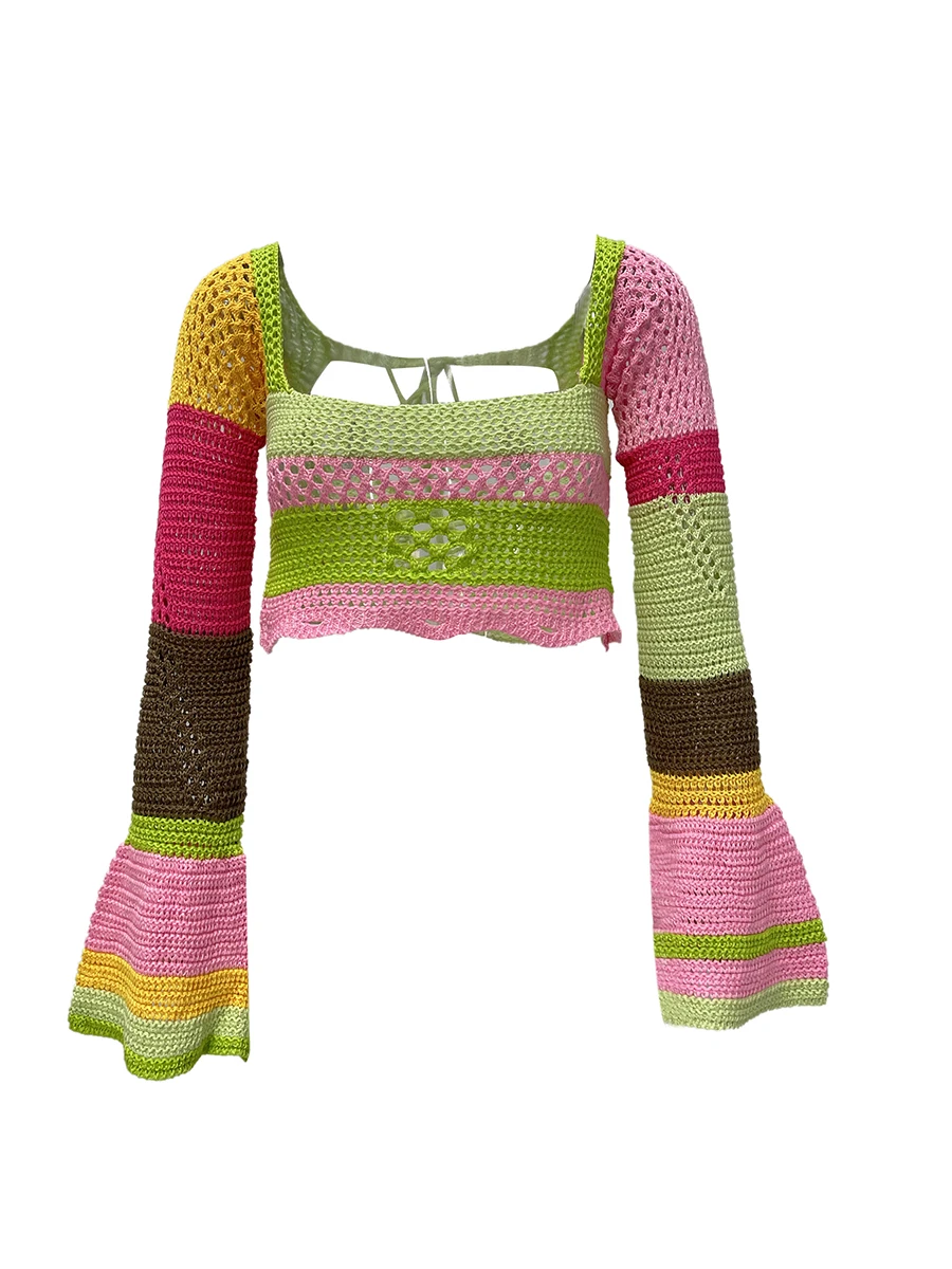 

Женский трикотажный свитер составного кроя с длинными рукавами и квадратным вырезом