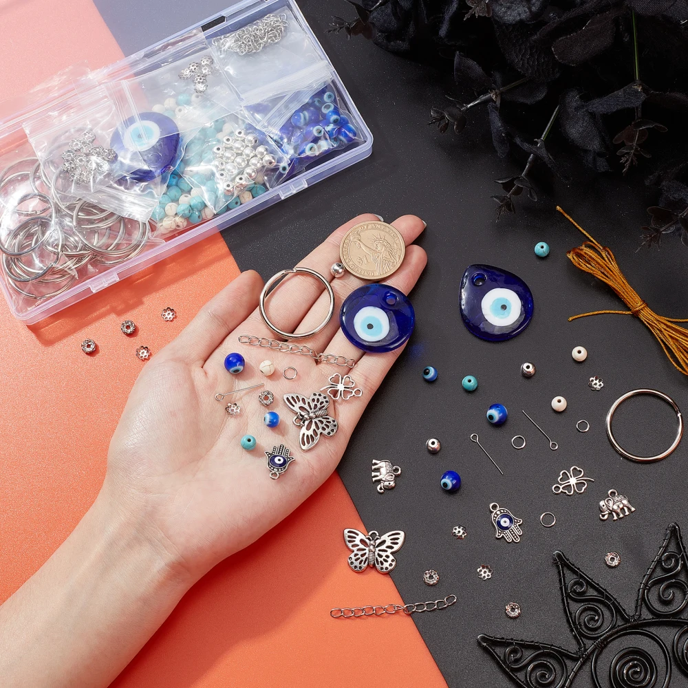 1Box DIY Evil Eye Keychain Making Kits Mixed Loose Spacer Beads Lampwork Pendants Iron Jewelry Accessories Nylon Thread Supplies