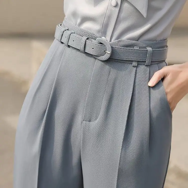 

New Autumn Formal Women Harem Pants Elatic Waist Elegant Office Lady Buttons Straight Pants Pockets Korean All-match Classic Q33