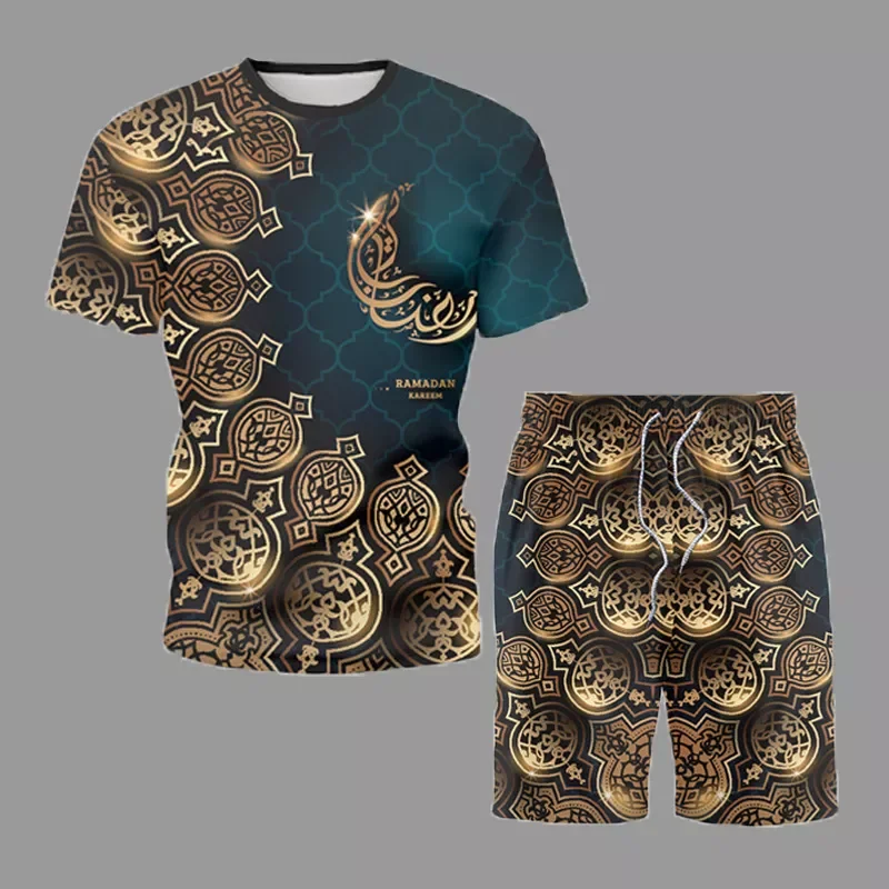 

Fashion Short Sleeve Mens Sets Retro Print Summer Casual Beach Wear Male Trend Tracksuit T-Shirt Shorts 2-Piece Set Outfit