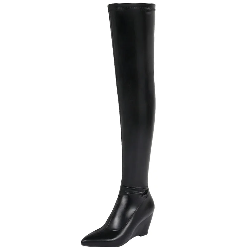 New Brand Knee High Boots For Women Fashion Black Wedge Heels Pointed Toe Over The Knee Boots 2022 Large Size Ladies Shoes