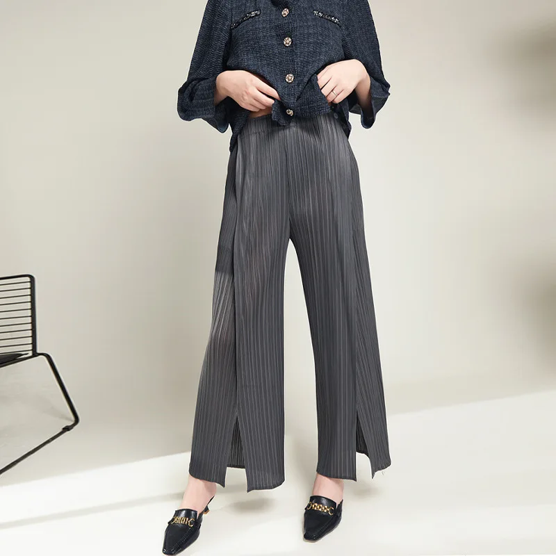 Wide Leg Pants For Women 45-75kg Autumn 2022 New Elastic Waist Solid Color Loose Stretch Miyake Pleated Split Trousers Female