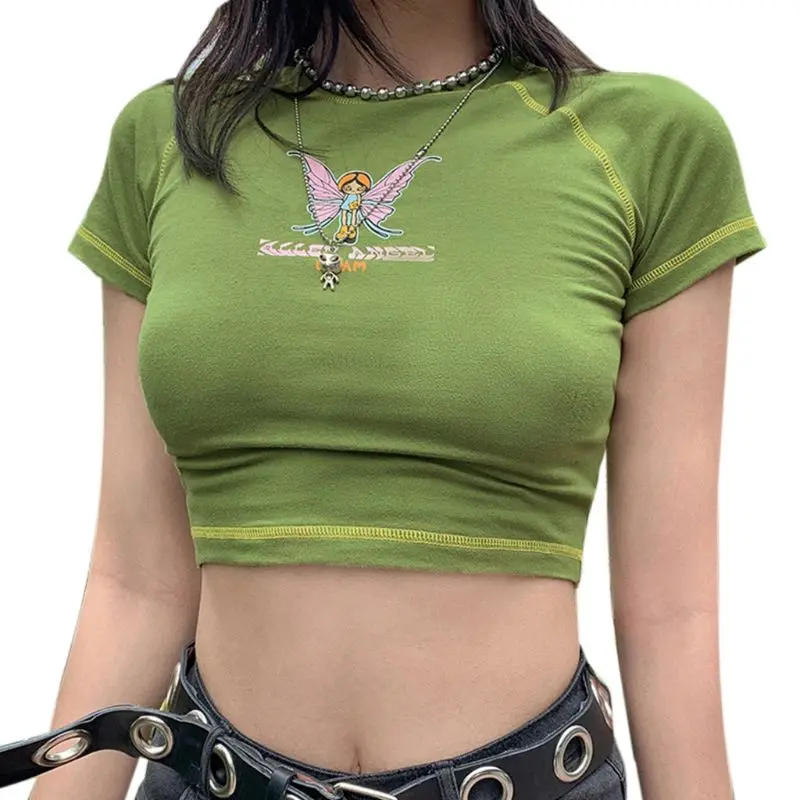 

Женская летняя зеленая футболка с коротким рукавом, укороченный топ с мультяшным рисунком бабочек и надписей феи, облегающая уличная одежд...