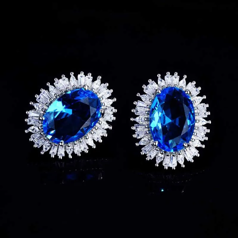 

Elegant Temperament Stud Earrings Inlay Blue Oval AAA Cubic Zirconia Charm Luxury For Women Wedding Engagement Party Jewelry