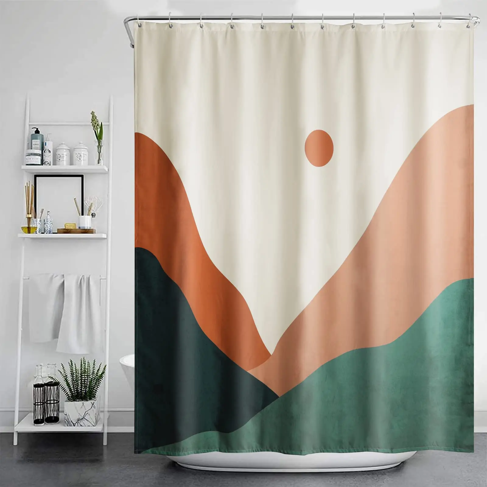 

Modern Boho Shower Curtain Mid Century Abstract Mountain Sunset Shower Curtain Aesthetic Minimalist Art Bath Curtain with Hooks