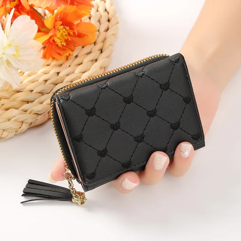 

Short Tassel Embroidery Wallet for Women Fashion Purse PU Leather Mini Wallets Zipper Purse Card Holder Female Small Wallet