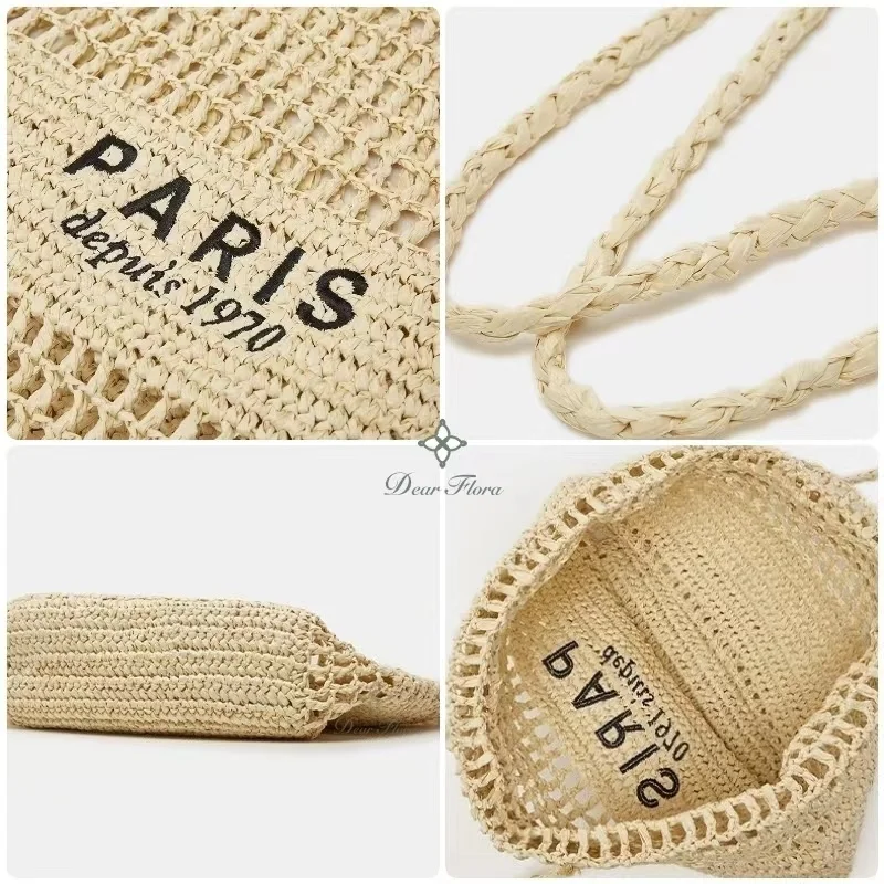 Women's New Embroidered Letter Hollow Grass Woven Handbag Large Capacity Handwoven Shoulder Bag Fashion Portable Basket Tote Bag