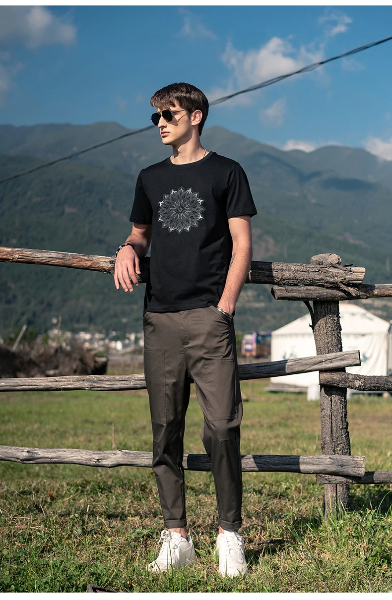 

Мужская хлопковая футболка с коротким рукавом, круглым вырезом и вышивкой лотоса, 6863