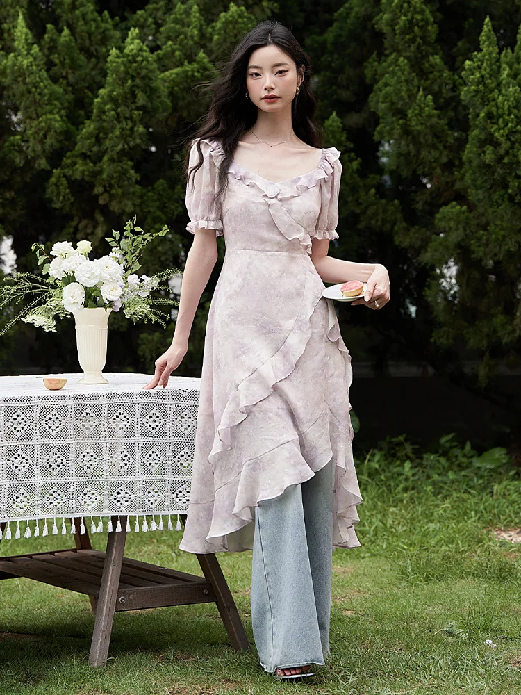 Женское шифоновое платье с оборками Westlink весна 2025 года длинное асимметричным