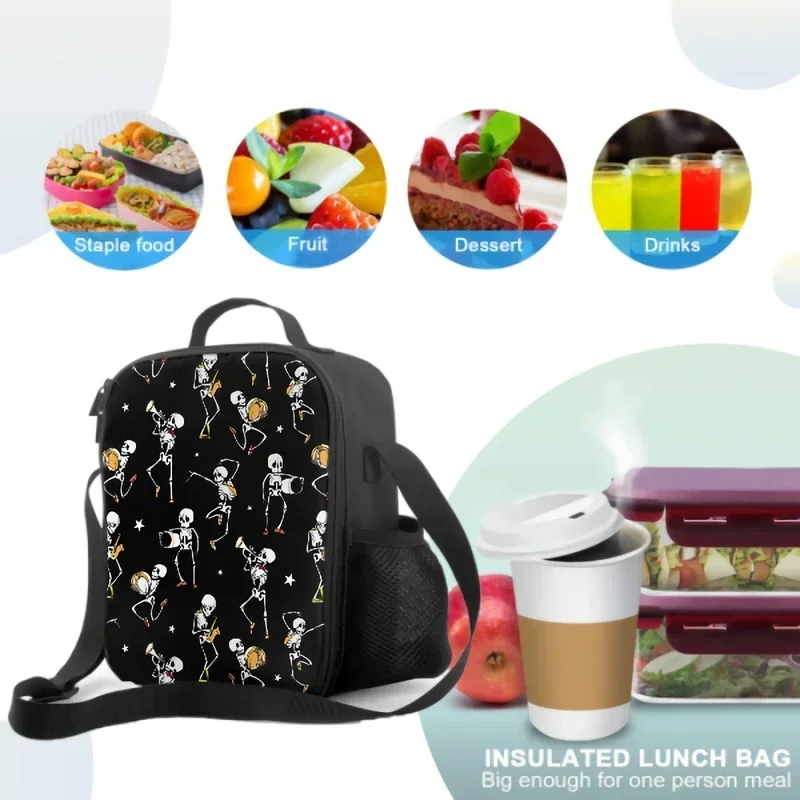 Фото Ланч-бокс с тыквой на Хэллоуин, скелеты, игровая музыкальная сумка для обеда с держателем для бутылки с водой, сумка-холодильник, изолированная сумка-тоут для детей и взрослых №4