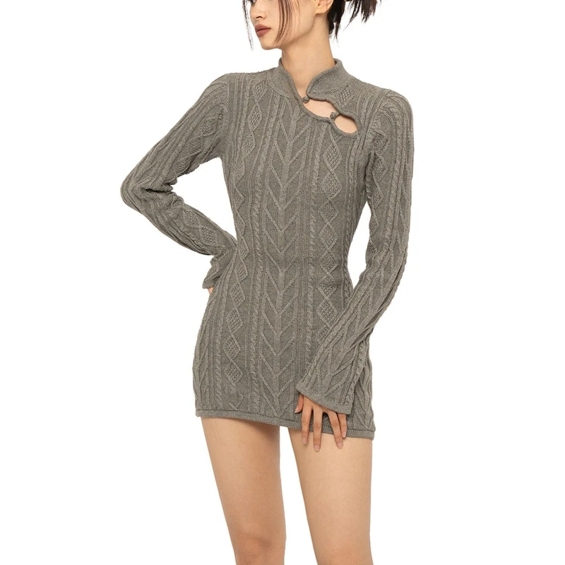 

Chic Women Vintage Knitted Wrap Bodycon Dress Autumn Long Sleeve Stand Neck Buttons Cutout Sexy Backless Mini Dresses Streetwear
