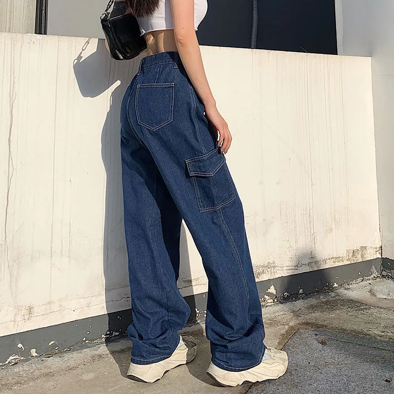 Baggy Jeans Women Denim Pants Pockets Streetwear Y2k Cargo Pants Solid Color Casual Loose Straight Wide Leg Pants Denim Trousers