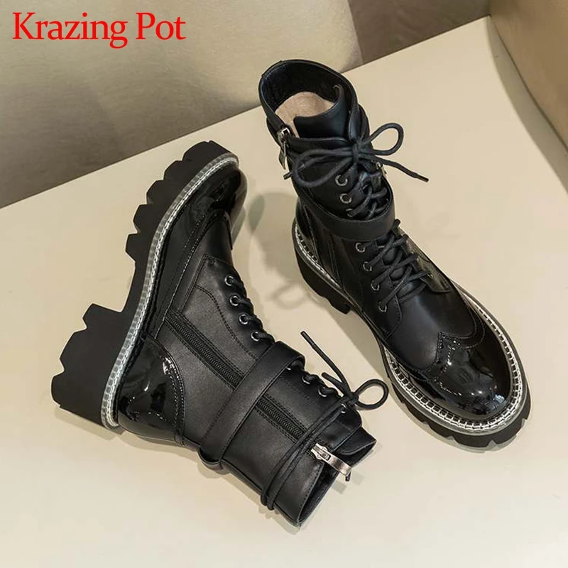 

Krazing Pot Clearance Sale genuine leather waterproof boots round toe high heels winter women thick bottom lace up ankle boots