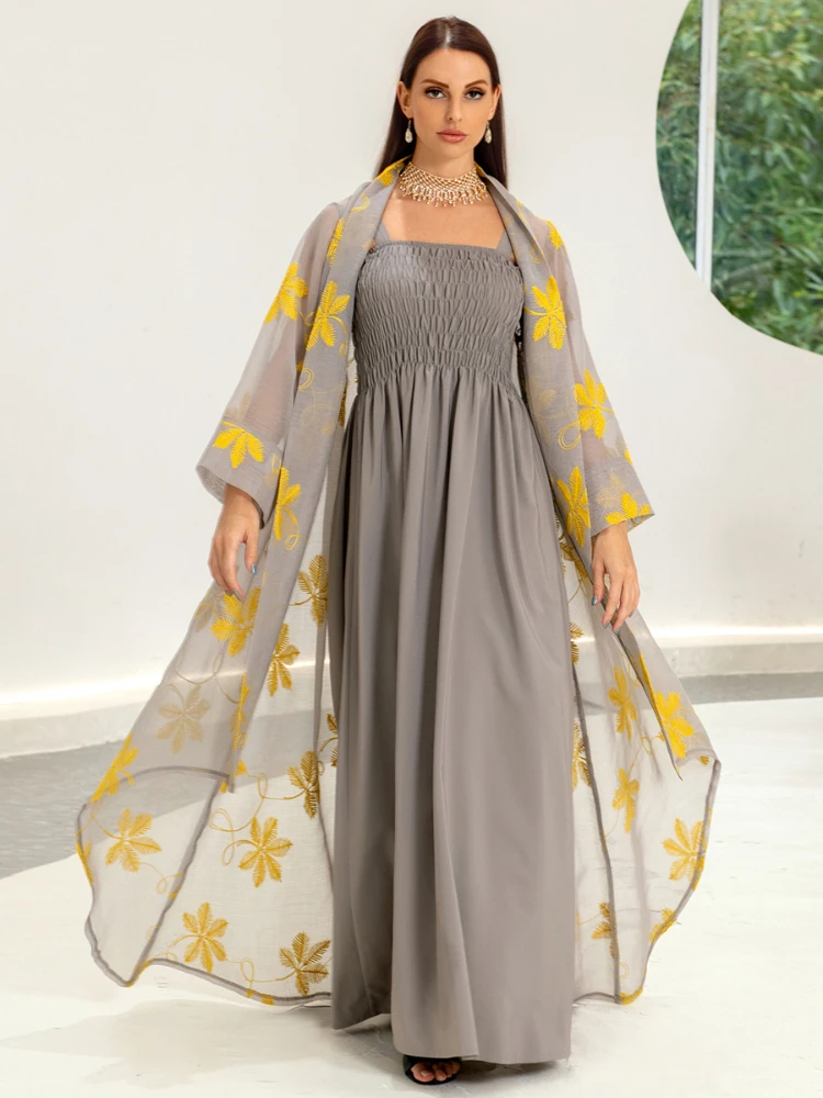 Abaya New 2023 Embroidery Chic And Elegant Woman Dress Mesh Cardigan Belted Kaftan And Solid Gray Camisole Dress Muslim Sets