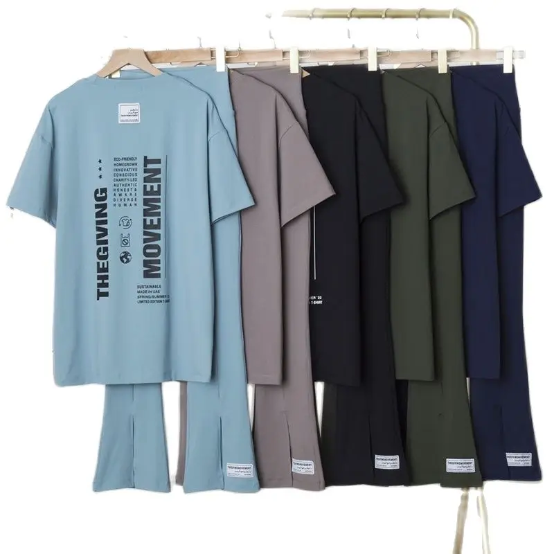 

Повседневная футболка с круглым вырезом TGM + широкие брюки из высокоэластичной ткани с принтом на спине, женский спортивный костюм из двух п...