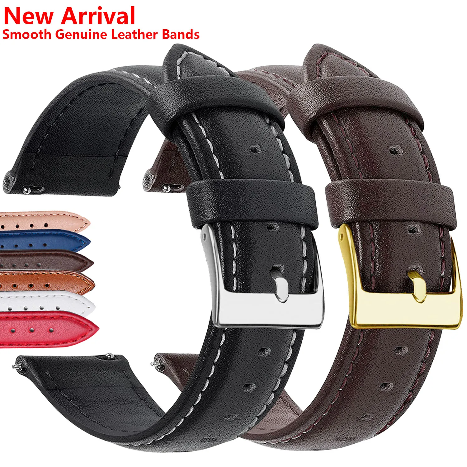 New Genuine Leather Watch Strap Band 12mm/14mm/16mm/18mm/20mm 22mm Smooth Watchbands Stainless Steel Buckle Watch Band Free Tool