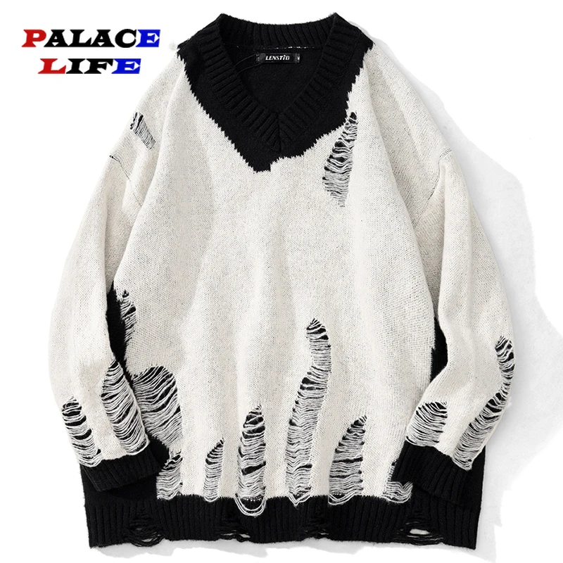 2022 Autumn Hipster Casual Loose Pullovers Men Hip Hop Oversized Knitted Jumper Sweaters Ripped Hole Streetwear Harajuku