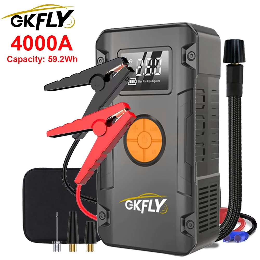 

GKFLY 4 в 1, автомобильный стартер с воздушным компрессором, портативное зарядное устройство-усилитель 59,2 Втч, 4000 А, автомобильный воздушный насос, пусковое устройство для аккумулятора