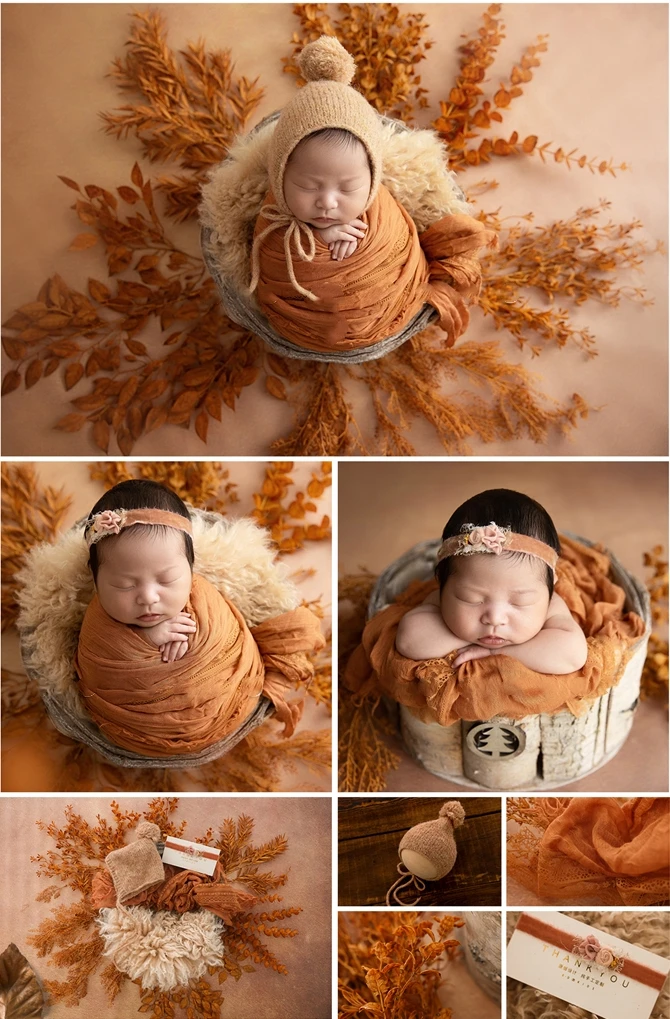 Newborn Baby Photography Props Autumn Maple Leaves Theme Hat Wrap Wool Blanket Backdrop Flowers Decorations Photo Shooting Props enlarge