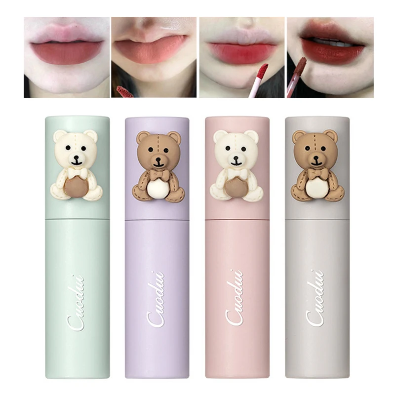 

4 Color Cream Matte Lipstick Waterproof Long Lasting Cute Bear Lip Gloss Sexy Women Makeup Lip Tint Mud Cosmetic maquillaje LPS#