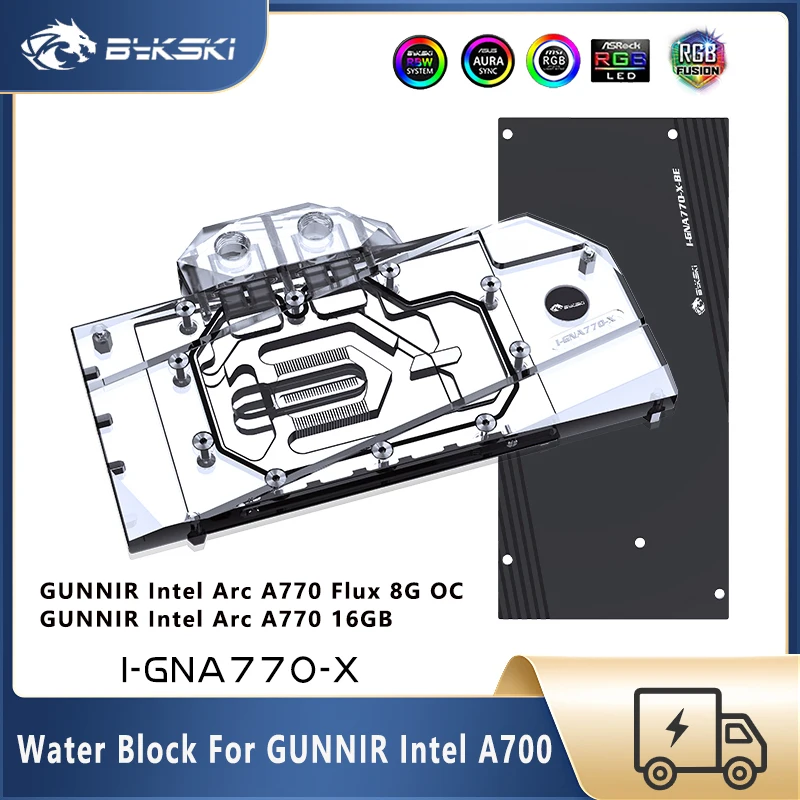 

Блок для графического процессора Bykski для GUNNIR Intel Arc A770 Flux 8G OC / 16G, кулер для водяного Охлаждения видеокарты, медный радиатор на заказ