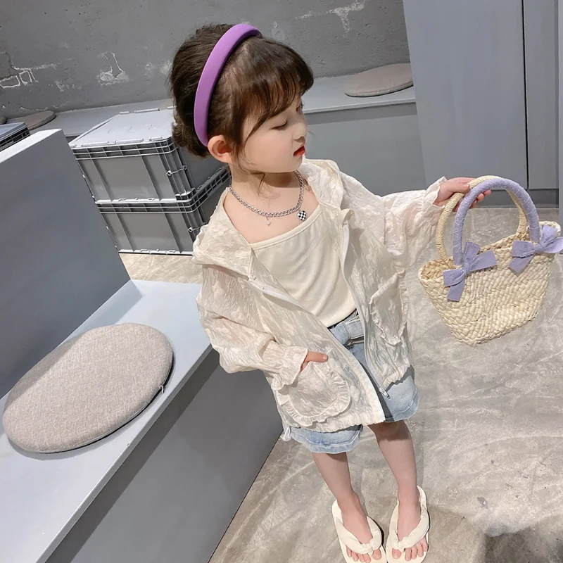 

Солнцезащитная одежда для маленьких девочек, летнее тонкое дышащее крутое пальто с капюшоном и оборками, детские куртки для девочек, длинный кардиган с цветочным рисунком Sleeev