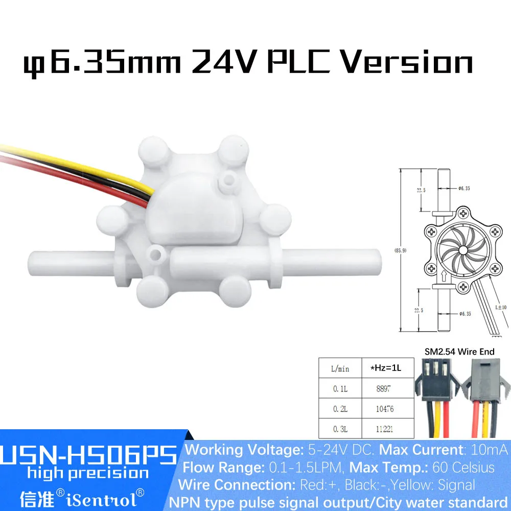 

5-24V DC USN-HS06PS 0.1-1.5L/min 6mm Hose Barb Hall Water flow Sensor Turbine Flow Meter 1% repeat Error Drinking