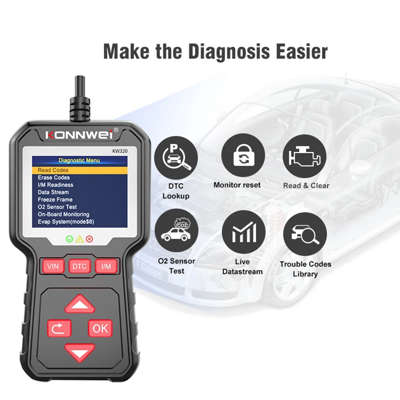 

Автомобильный сканер KW320 Obd2, диагностический прибор Obd 2, профессиональный Автомобильный сканер, считыватель кодов