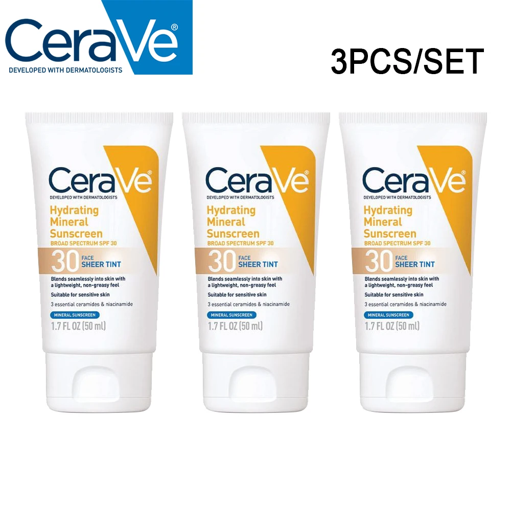 

3PCS CeraVe Tinted Sunscreen SPF 30 Hydrating Mineral Sunscreen For Face Sheer Tint With soothing niacinamide hyaluronic acid