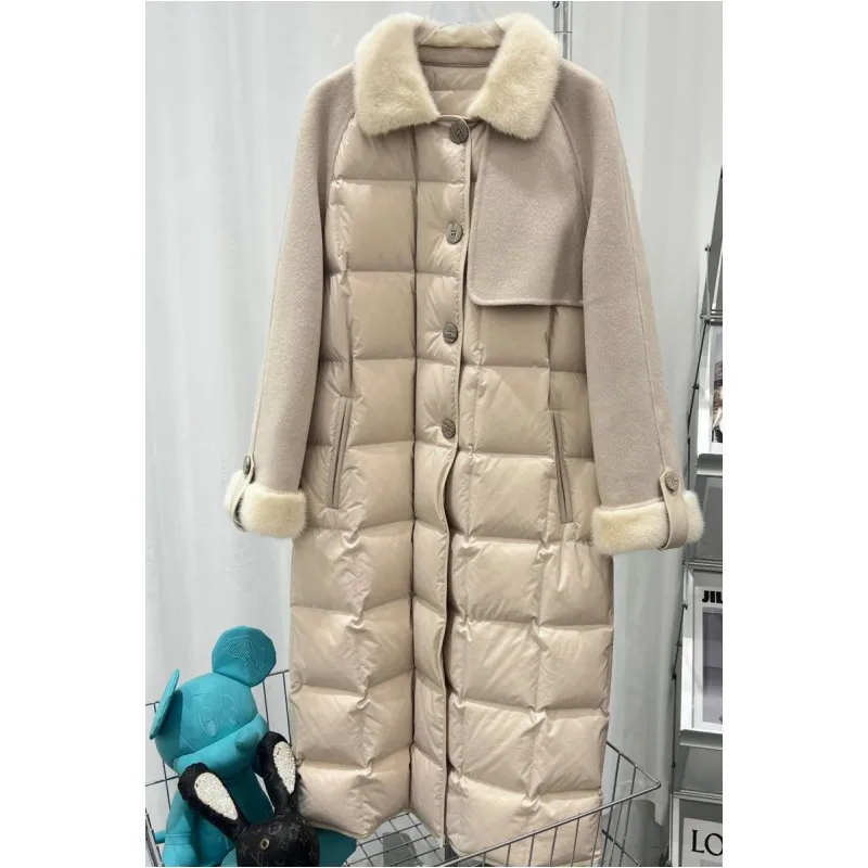 

2022 autumn winter women's fashion elegant luxury mink fur collar white duck / goose down overcoat jacket