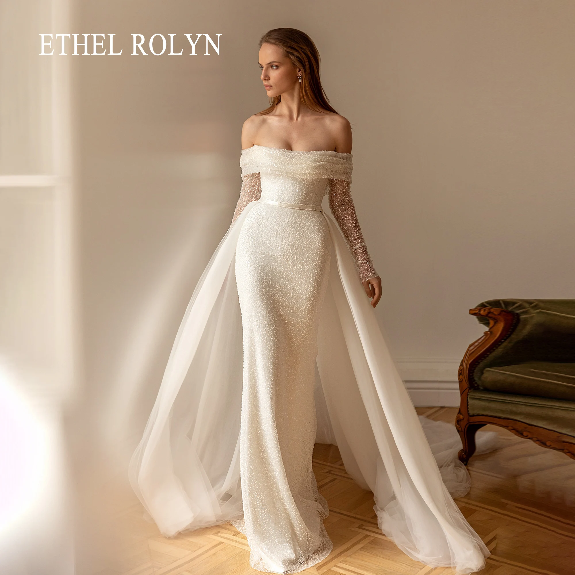 

Женское свадебное платье-Русалка It's yiiya, белое платье 2 в 1 со съемным шлейфом и длинными рукавами без бретелек на лето 2024