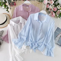 oumea women sheer chiffon shirts summer long sleeve buttons front beach cover up flare sleeve tied front solid color blouse