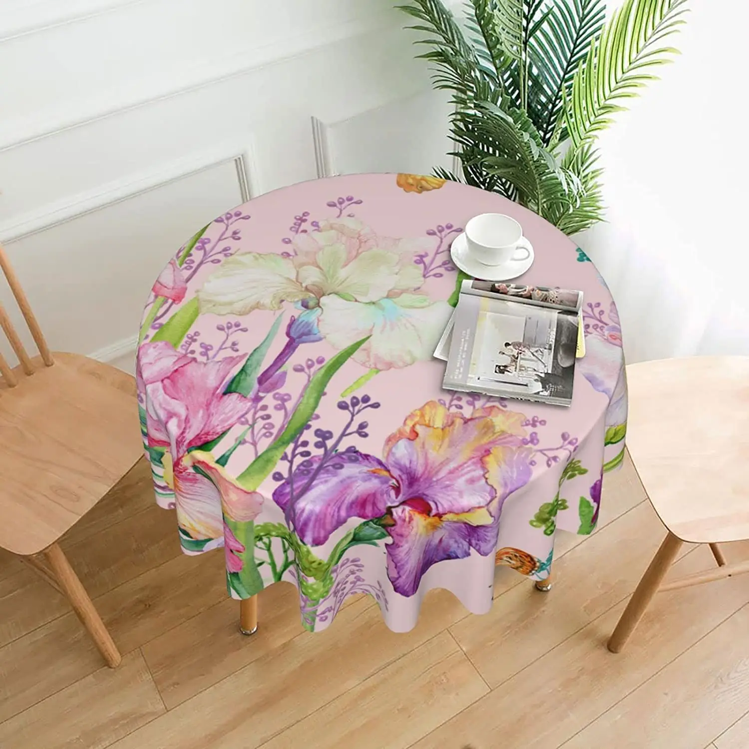 

Pink Flower Spring Butterfly Round TableCover Polyester Stain and Wrinkle Resistant Table Cloth for Kitchen Dining Coffee Party