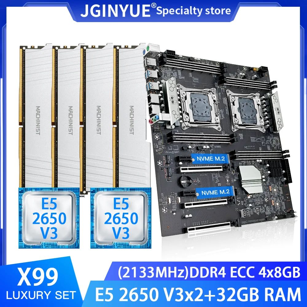 

Материнская плата JGINYUE X99 D8 с двумя процессорами, LGA 2011-3 комплект с 2 * E5 2650 V3 процессором 32 ГБ = 4x8 Гб DDR4 ECC память, поддержка восьми каналов