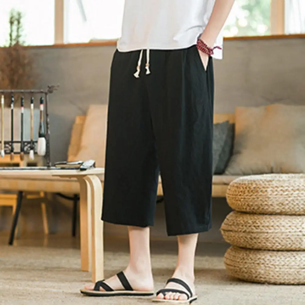 

Fashion Retro Pants Elastic Waistband Skin-touching Summer Men Cotton Linen Pants Comfy Cropped Pants Daily Garment