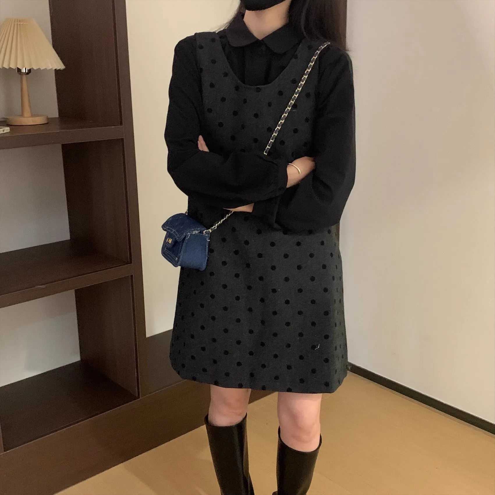 Корейские Sle 2024 осенние новые черные хлопковые рубашки с маленьким лепестком и