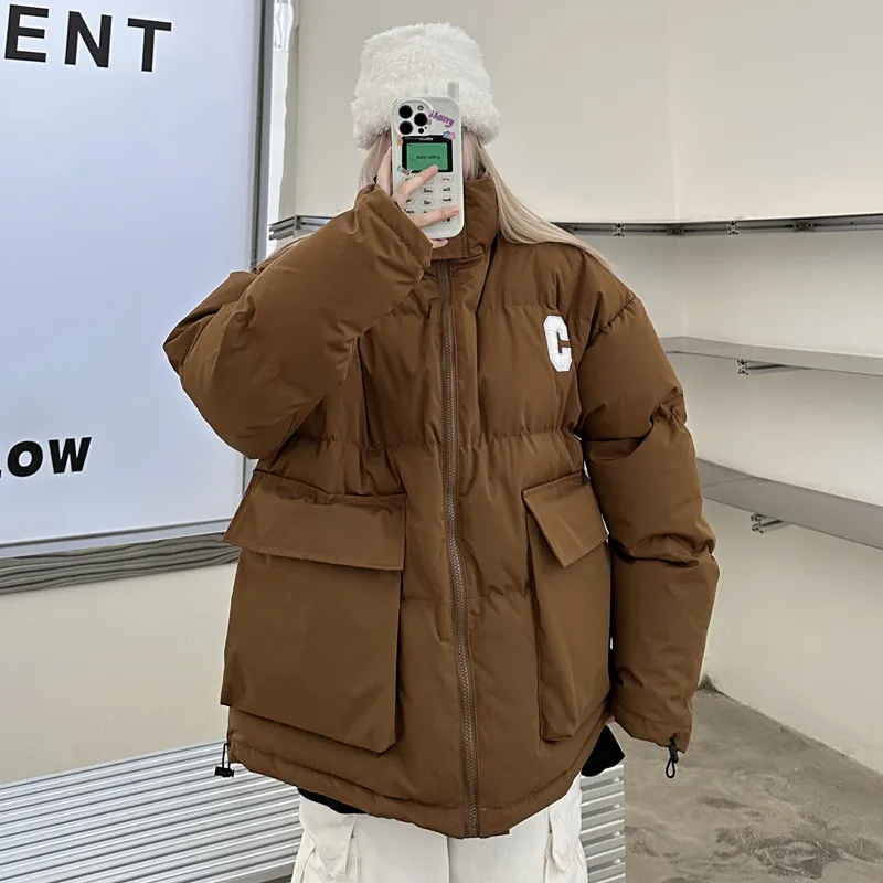 2022 Winter Street Pike Coat Women'S Cargo Thick Jacket Harajuku Stand Up Collar American Hip Hop Fashion Loose Coat Warm Casual