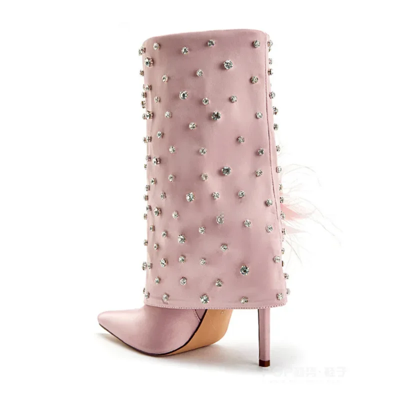 Брюки на шпильке с острым носком и стразами атласные ботинки без шнуровки до
