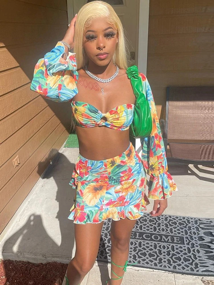 

Женский комплект с цветочным принтом Sifreyr Y2K, комплект из двух предметов: укороченный Топ без бретелек с длинным рукавом и открытой спиной и ...