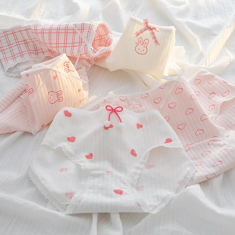 5Pcs/Set Cotton Underwear For Women Female Panties Cute Love Girl's Briefs Mid Waist Seamless Breathable Underpants Lingerie