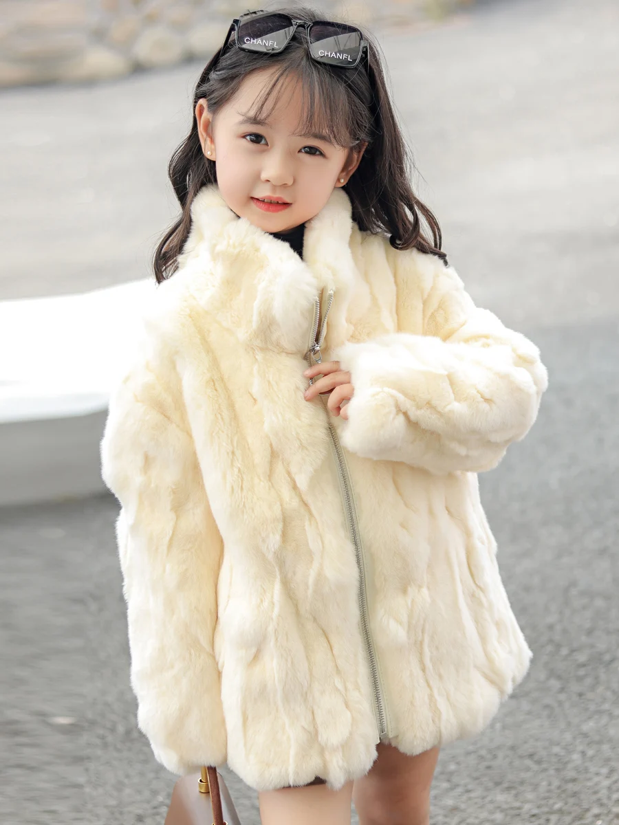 2022 Children's Fur Coat Winter Boys' and Girls' Genuine Rex Rabbit Fur Integrated Zipper Children's Parent-child Coat enlarge