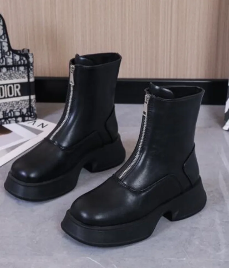 Women's Chelsea Boots Genuine Leather Fashion Fur Winter Boots Women Front Zipper British Style Women's Short Boots