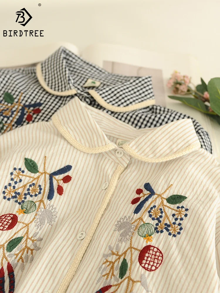 

New Autumn Cotton Shirts Women Plaid Tops Mori Girl Polo Neck Long Sleeve Embroidery Vintage Casual Blouses Spring T39135QM